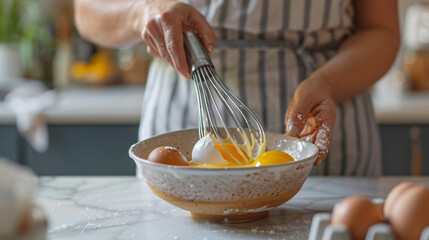 Woman whisking eggs in bowl at light marble table 