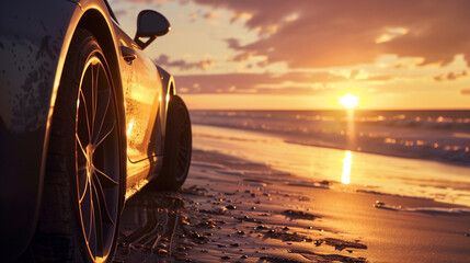 A car on a beach at the sea side sunset concept