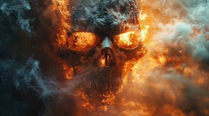Human skull on fire, in smoke - obrazy, fototapety, plakaty