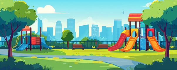 Children Slide and climb outdoor Playground park in kindergarten city background illustration  garden landscape.  generative ai - obrazy, fototapety, plakaty