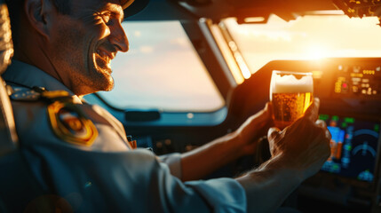 Grotesque image of a commercial pilot drinking beer in cockpit - obrazy, fototapety, plakaty