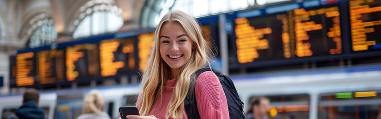 A young woman at a train station on mobile phone in front of departures board


