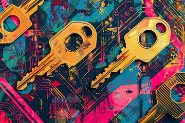 Cryptographic keys depicted in a pop art aesthetic, decrypting, amidst vibrant digital backdrops.