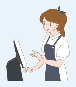 Supermarket cashier in uniform working at checkout. Cash register worker of cafe. Hand drawn flat cartoon character vector illustration.