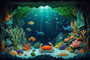 Paper craft underwater sea cave with fishes, crab, seahorse, seabed in algae, waves. World Oceans...