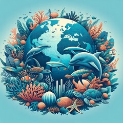 World oceans day concept design with underwater ocean, dolphin, shark, coral, sea plants, stingray and turtle.