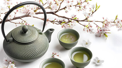Obraz na płótnie Canvas Green Tea and Cherry Blossom on white background top view copy space Traditional Japanese cast iron teapot and cups asian green tea composition with spring sakura bloom : Generative AI
