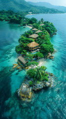 Vertical portrait-oriented aerial photo of a luxury hotel resort at a paradise island with crystal clear waters