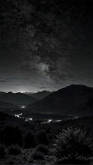 A night sky in black and white, featuring the Milky Way galaxy as a bright band stretching across the center