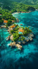 Vertical portrait-oriented aerial photo of a luxury hotel resort at a paradise island with crystal clear waters