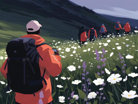 Illustration of a person in an orange jacket taking a photo of hikers in a flower field with mountains in the background.