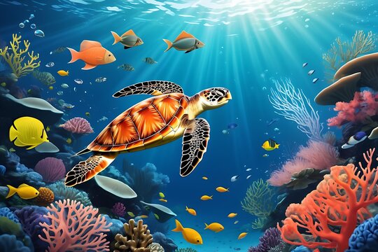 World oceans day 8 June. Save our ocean. Sea turtle, jellyfish and fish were swimming underwater with beautiful coral and seaweed