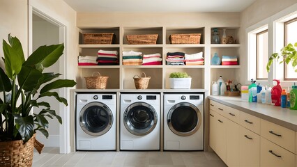 Functional laundry room with a modern aesthetic. Three washing machines are neatly arranged, with one in action, emitting a gentle hum - obrazy, fototapety, plakaty