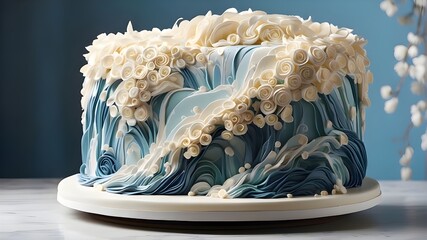 A breathtaking 3D cake modeled after a cascading waterfall, with flowing fondant waves - obrazy, fototapety, plakaty