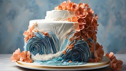 A breathtaking 3D cake modeled after a cascading waterfall, with flowing fondant waves - obrazy, fototapety, plakaty