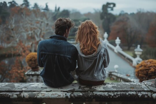 A man and a woman enjoy the view while sitting on top of a stone wall. They are relaxed and at peace in the moment.