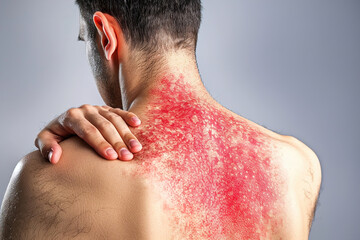 Naklejka premium Detailed view of a red, inflamed skin rash on a person's back, discomfort and irritation.