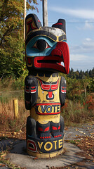 Native American totem pole with the word 'VOTE' carved into it. 