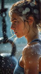 Intense vertical portrait-oriented photo of a determined woman working out in the rain with kettlebells. 