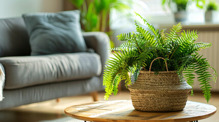 Wooden coffee table with with houseplant and wicker background
