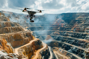 Depict drones flying over a mining site, using advanced scanning technology to identify gold deposits below the surface, streamlining the exploration process.