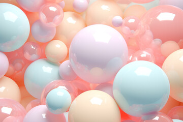 Whimsical pastel delights soft color balls and bubble gums.  Abstract digital Illustration of pink soft color 3D matt balls. AI-generated.