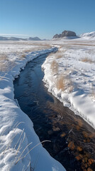 Vertical portrait-oriented photo of an icy landscape with a freezing river runn ing through the center