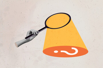 Composite photo collage of hand hold magnifier glass research examine secret object question mark...