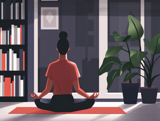 An illustration of a person meditating in a serene indoor environment, with plants and soft lighting.