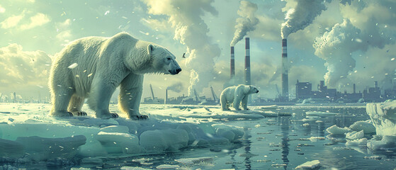 Polar Bears in Industrial Wasteland Scene, Depict polar bears on melting ice caps surrounded by industrial smokestacks in the distance - obrazy, fototapety, plakaty