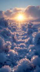 Vertical portrait-oriented photo of an icy landscape at sunset