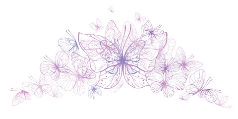 Butterflies are pink, blue, lilac, flying, delicate with wings and splashes of paint. Graphic illustration hand drawn in pink, lilac ink. Composition EPS vector