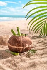 Delicious and fresh pinacolada in coconut on an exotic island.