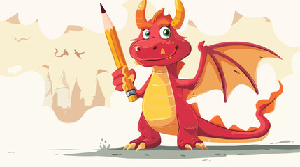 Red dragon is holding pencil illustration vector on white
