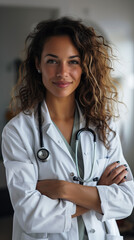 Vertical portrait-oriented photo of a female doctor or physician wearing a stethoscope