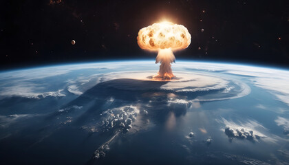 Nuclear explosion on the planet. View from space. Generative AI.