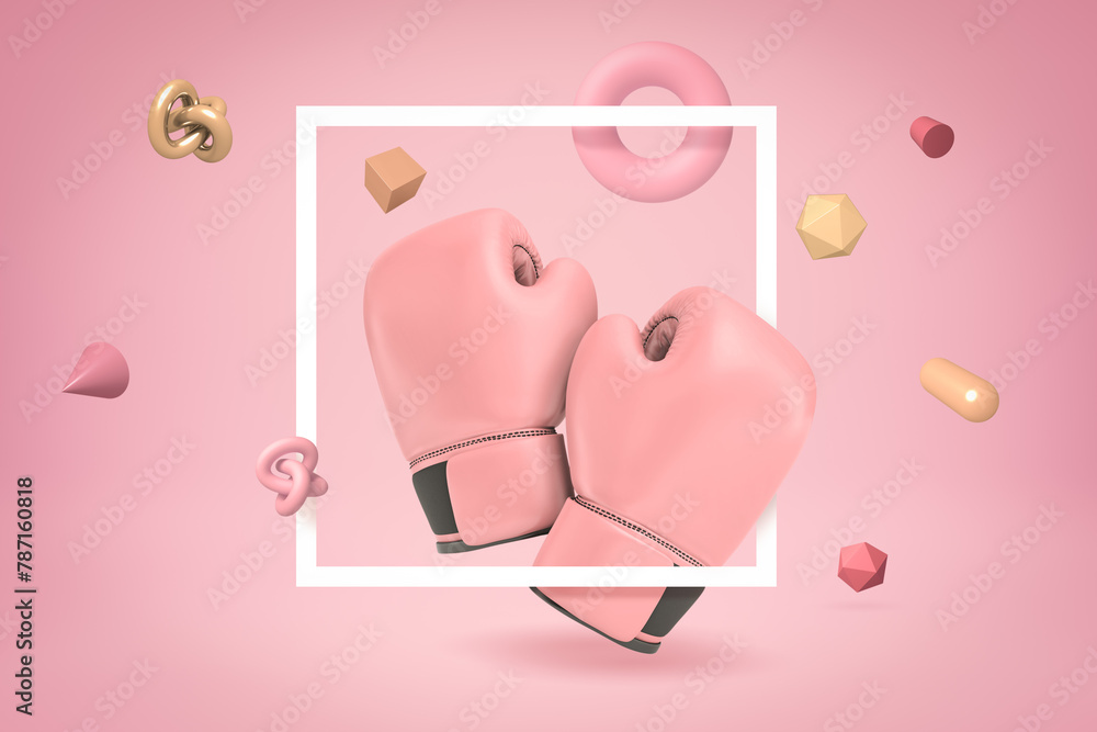 Aufkleber 3d rendering of pink boxing gloves with random objects on pink background
