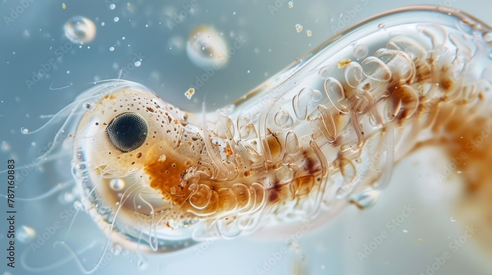 Poster a microscopic image of a tiny larva suspended in a clear liquid its segmented body showcasing its tr