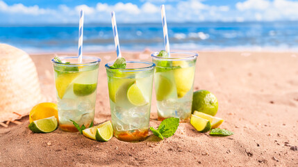 Cold and sweet lemonade with ice on sandy beach.