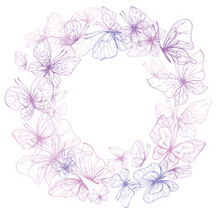Butterflies are pink, blue, lilac, flying, delicate line art. Graphic illustration hand drawn in pink, lilac ink. Circle frame, template EPS vector.