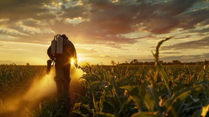 Fototapeta premium A farmer sprays pesticide on crops.