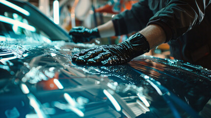 Worker installing ceramic foil on car window