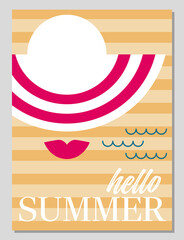 Summer mood. Summer card or poster concept in flat design. Stylized vector illustration of a woman wearing a hat in geometric style.