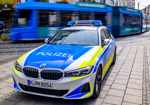 Munich, Germany - March 26: typical german police vehicle at the old town in Munich on March 26, 2024