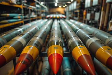 Missiles and weapons laid out in a warehouse or hangar