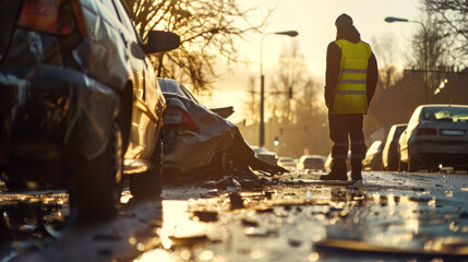 An insurance car service officer inspects a damaged car after an accident on the road.