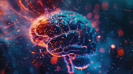 Abstract 3D futuristic digital brain waves dark background.