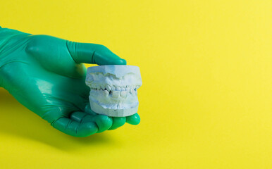 The doctor's hand in a green medical glove holds a blue plaster cast of the patient's anatomical jaw. The concept of making a jaw impression for dental prosthetics, copy space for text