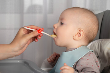 A mother feeds porridge from a spoon to a little boy who is 8 months old. Feeding infants. Copy space for text - 787161475