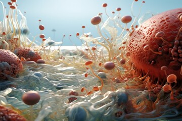 A surreal 3D animation within the human saliva glands, showing cells combating foodborne pathogens in a watery landscape, no shadow - obrazy, fototapety, plakaty